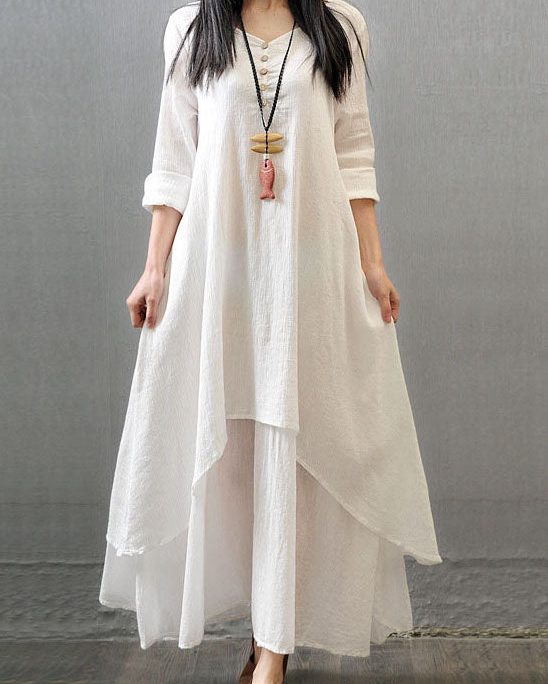 Women Long Sleeve Double Layers Button Asymmetric Vintage Maxi Dress