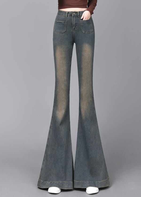 Women Navy High Waist With Pockets Denim Flare Bottoms Spring - Image 3