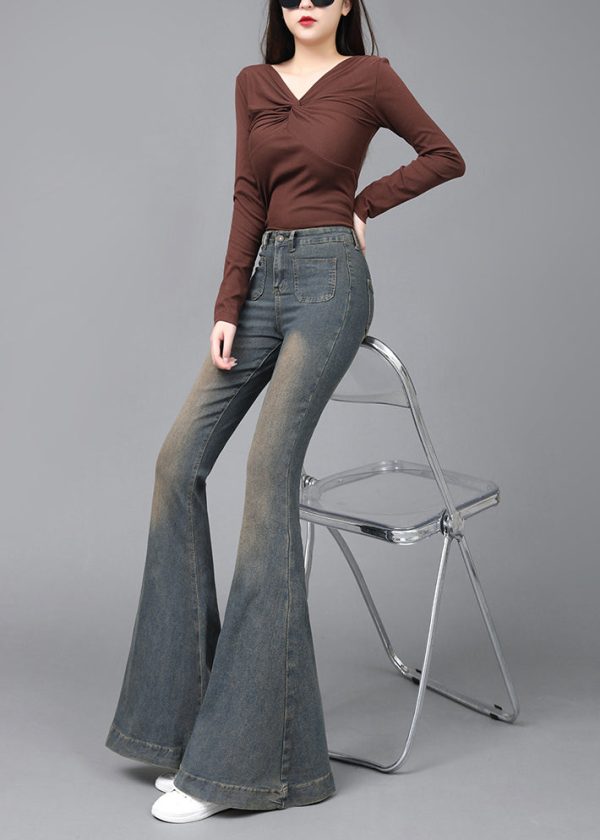 Women Navy High Waist With Pockets Denim Flare Bottoms Spring - Image 5