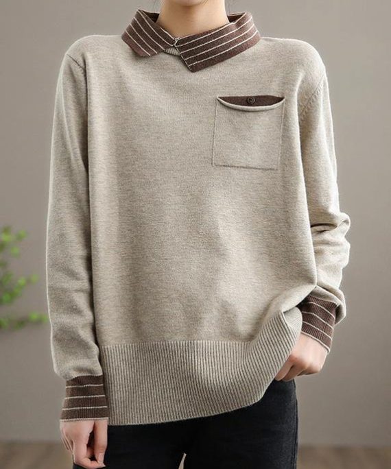 Women Nude Knit Tops Clothing Lapel Patchwork Knit Top Silhouette