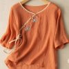 Women Orange V Neck tie waist Embroideried Linen Shirt Top Spring