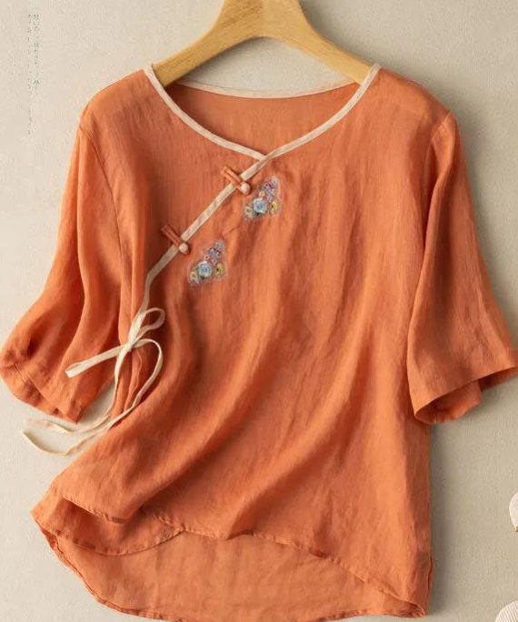 Women Orange V Neck tie waist Embroideried Linen Shirt Top Spring