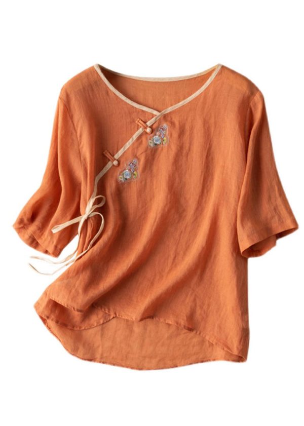 Women Orange V Neck tie waist Embroideried Linen Shirt Top Spring - Image 3