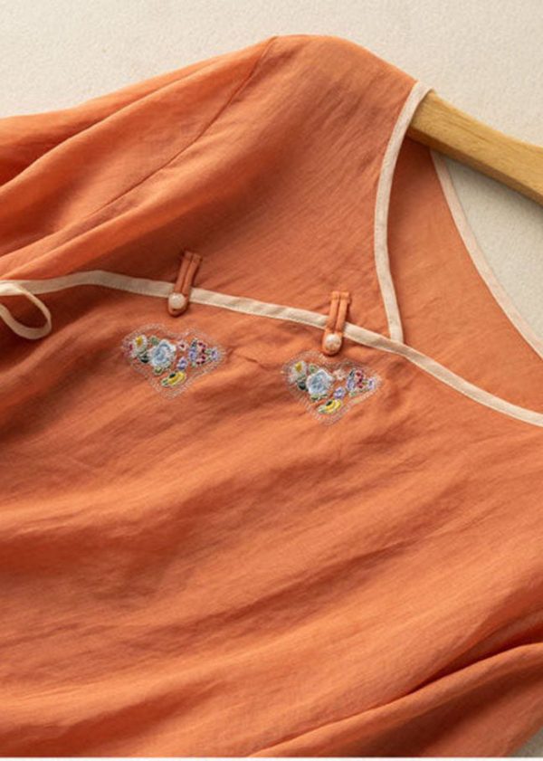 Women Orange V Neck tie waist Embroideried Linen Shirt Top Spring - Image 5