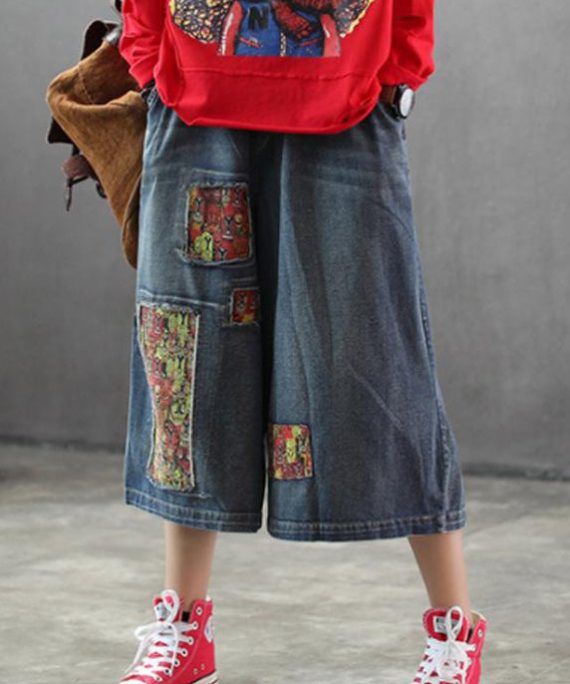 Women Patchwork Burr Spring Vintage Wide Leg Pants