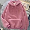 Women Pink Hooded Letter Pockets Teddy Faux Fur Sweatshirt Spring