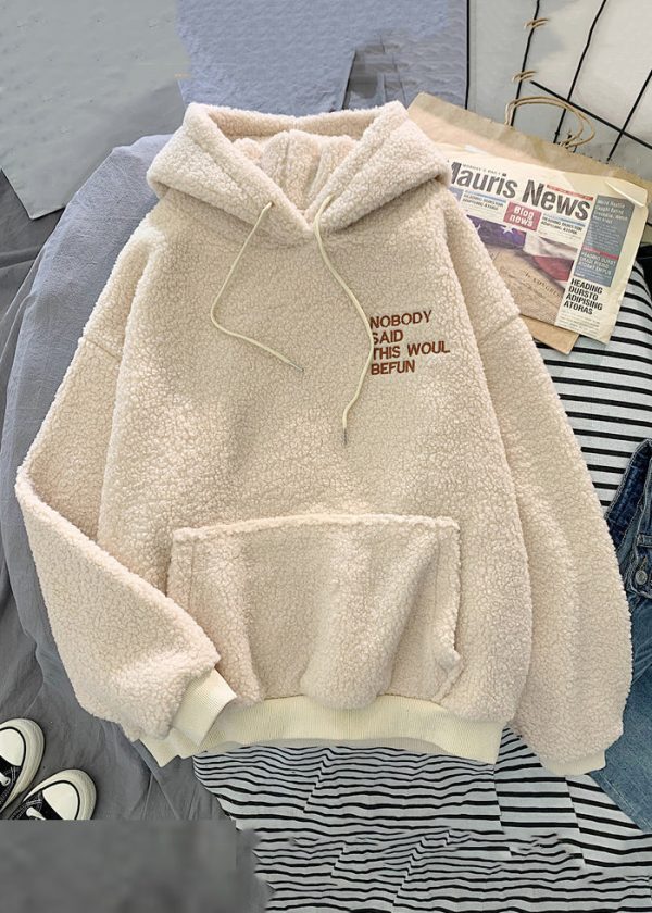 Women Pink Hooded Letter Pockets Teddy Faux Fur Sweatshirt Spring - Image 2