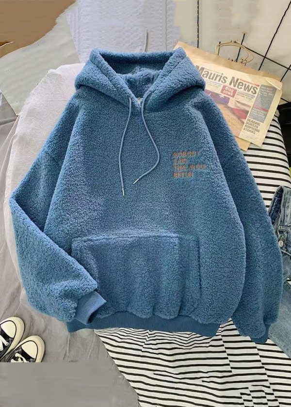 Women Pink Hooded Letter Pockets Teddy Faux Fur Sweatshirt Spring - Image 3