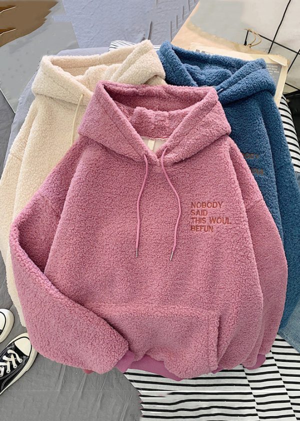 Women Pink Hooded Letter Pockets Teddy Faux Fur Sweatshirt Spring - Image 5