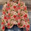 Women Pink O Neck Floral Knitting Cotton Sweaters Spring