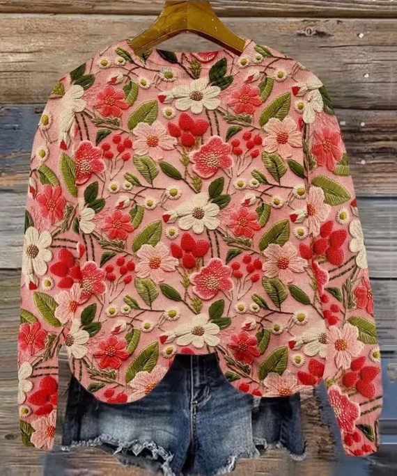 Women Pink O Neck Floral Knitting Cotton Sweaters Spring
