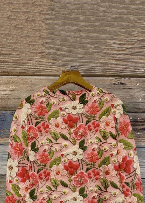 Women Pink O Neck Floral Knitting Cotton Sweaters Spring - Image 2