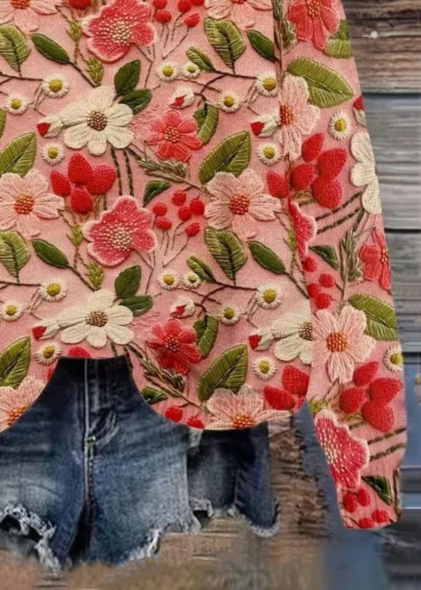 Women Pink O Neck Floral Knitting Cotton Sweaters Spring - Image 3