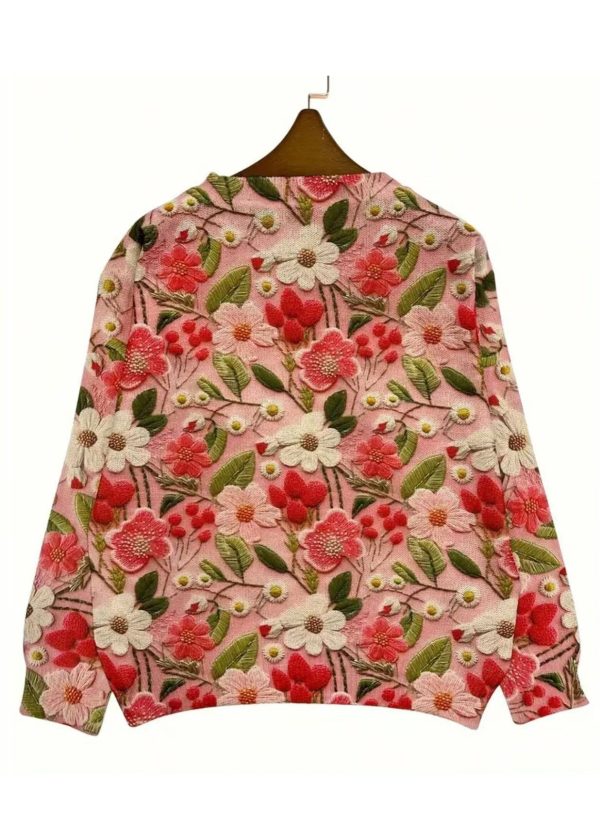 Women Pink O Neck Floral Knitting Cotton Sweaters Spring - Image 5