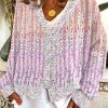 Women Pink V Neck Striped Cozy Knit Cardigan Spring