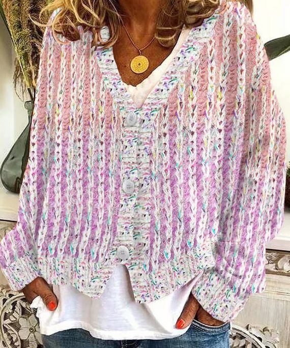 Women Pink V Neck Striped Cozy Knit Cardigan Spring