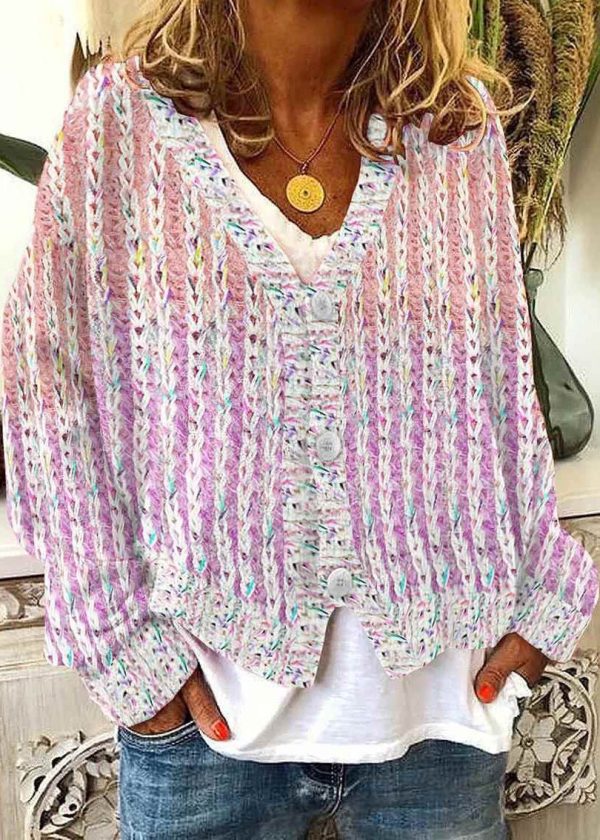 Women Pink V Neck Striped Cozy Knit Cardigan Spring - Image 2