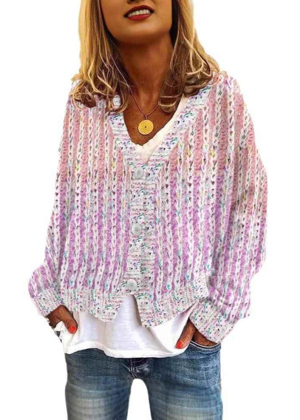Women Pink V Neck Striped Cozy Knit Cardigan Spring - Image 5