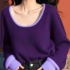 Women Purple O Neck Cozy Patchwork Knit Sweater Spring