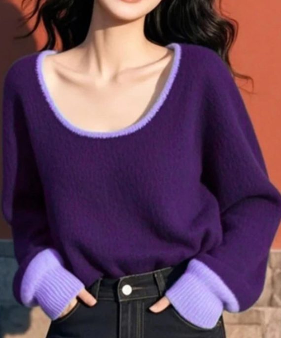 Women Purple O Neck Cozy Patchwork Knit Sweater Spring