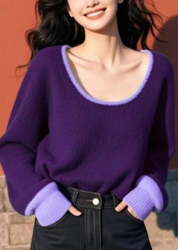 Women Purple O Neck Cozy Patchwork Knit Sweater Spring - Image 2