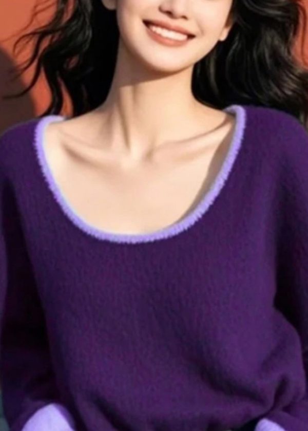Women Purple O Neck Cozy Patchwork Knit Sweater Spring - Image 3