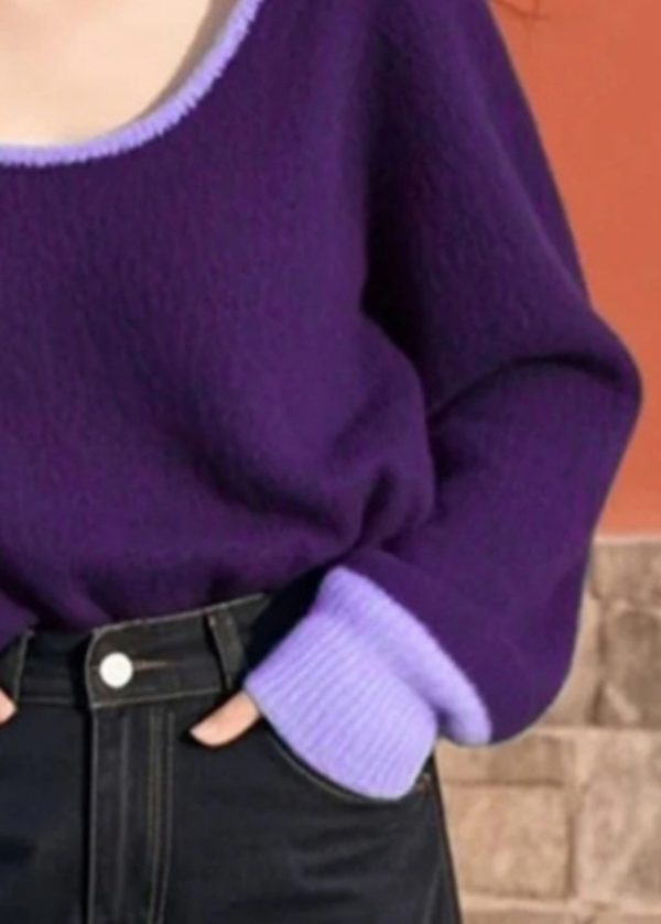Women Purple O Neck Cozy Patchwork Knit Sweater Spring - Image 4