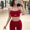 Women Red Bandage Sports Bra And Leggings Set Suit Athletic Leggings
