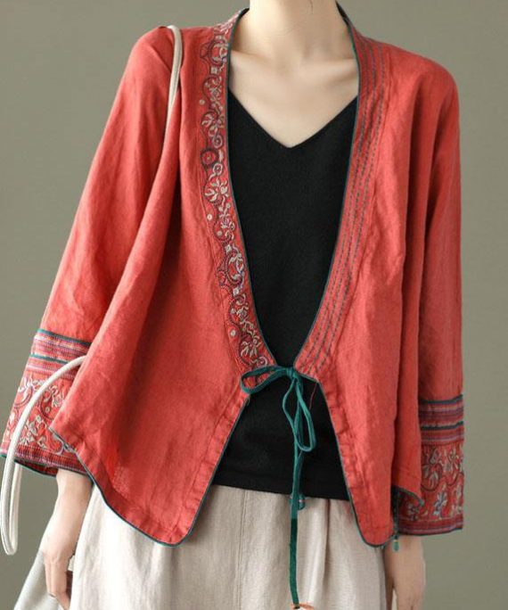 Women Red Embroideried Long sleeve Linen Shirt