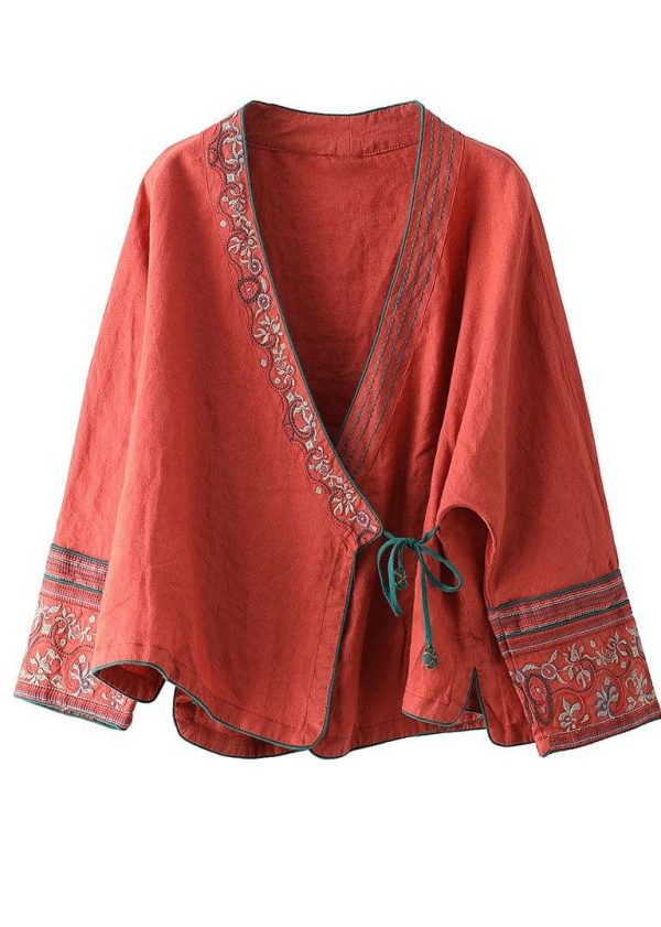 Women Red Embroideried Long sleeve Linen Shirt - Image 5