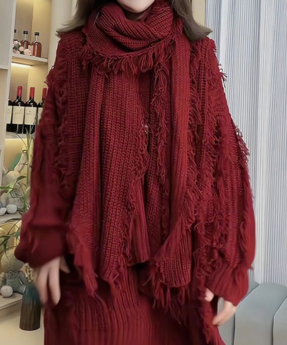 Women Red Tassel Patchwork Knitted Sweaters Spring