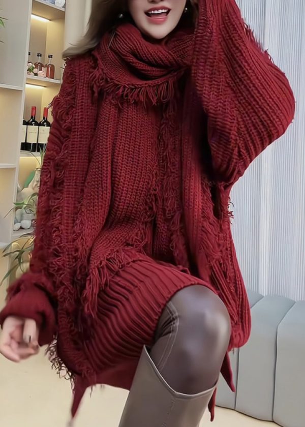 Women Red Tassel Patchwork Knitted Sweaters Spring - Image 2