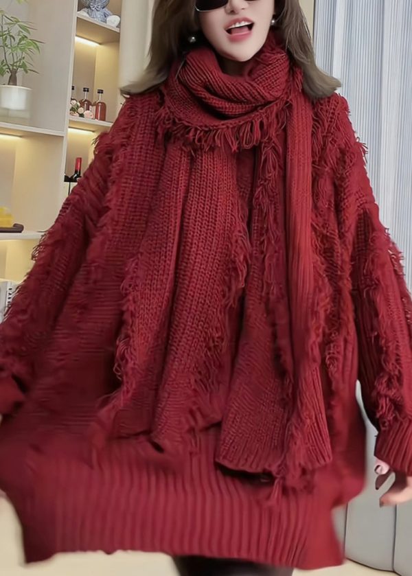 Women Red Tassel Patchwork Knitted Sweaters Spring - Image 3