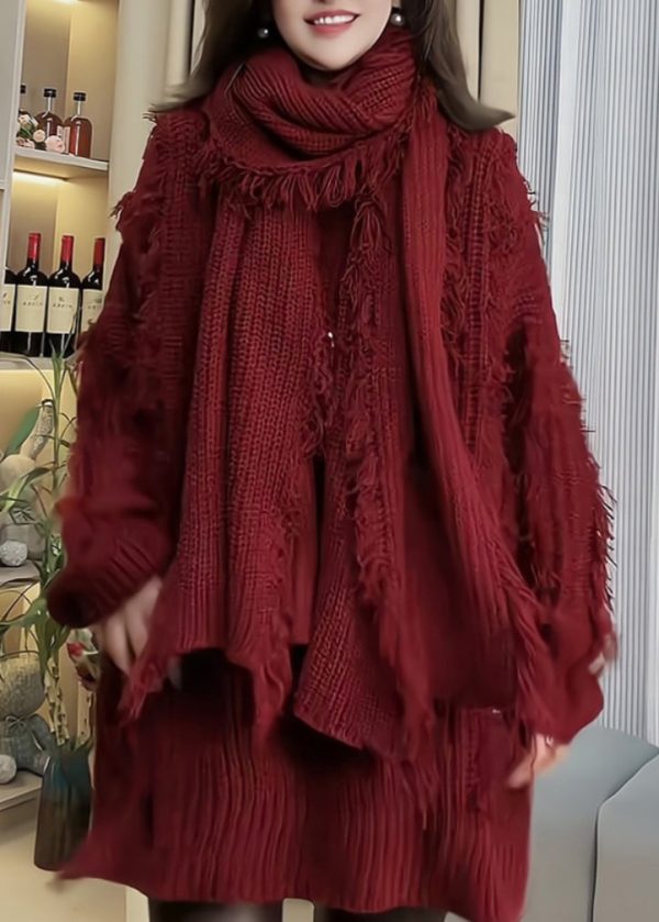 Women Red Tassel Patchwork Knitted Sweaters Spring - Image 4