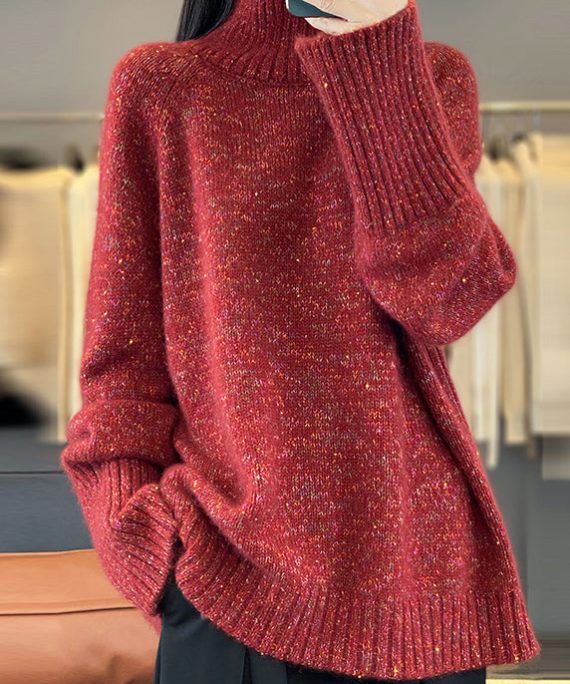 Women Red Turtleneck Cozy Thick Cashmere Knit Sweaters Spring