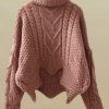 Women Skin Red Turtleneck Low High Design Knit Sweater Spring