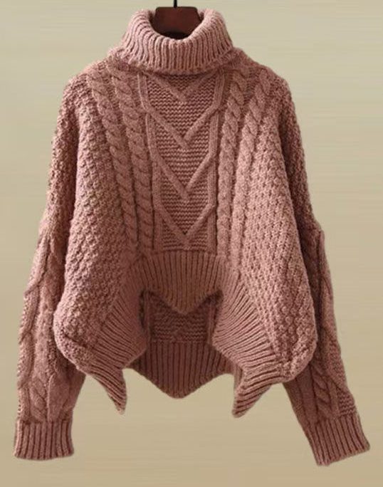 Women Skin Red Turtleneck Low High Design Knit Sweater Spring