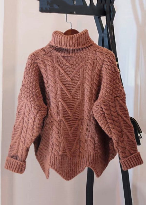 Women Skin Red Turtleneck Low High Design Knit Sweater Spring - Image 5