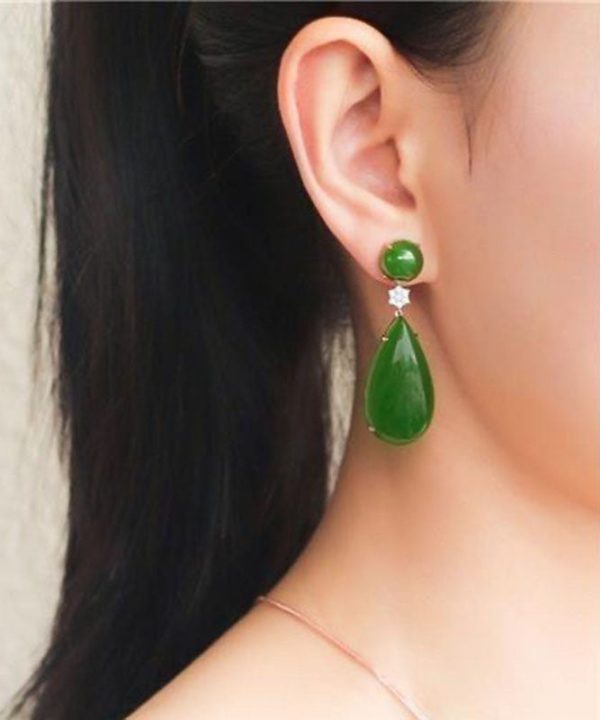 Women Spinach Green Jade Zircon Water Drop Drop Earrings - Image 2
