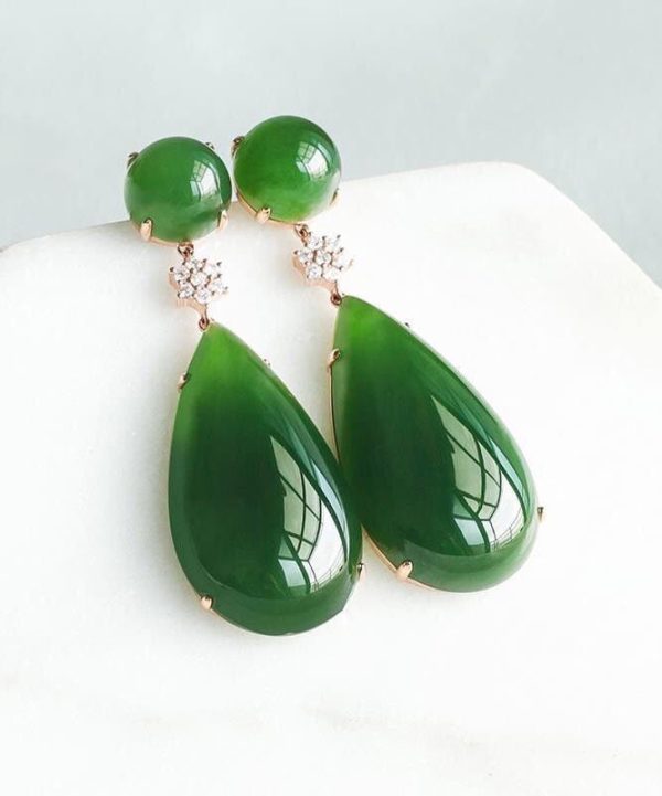 Women Spinach Green Jade Zircon Water Drop Drop Earrings - Image 3