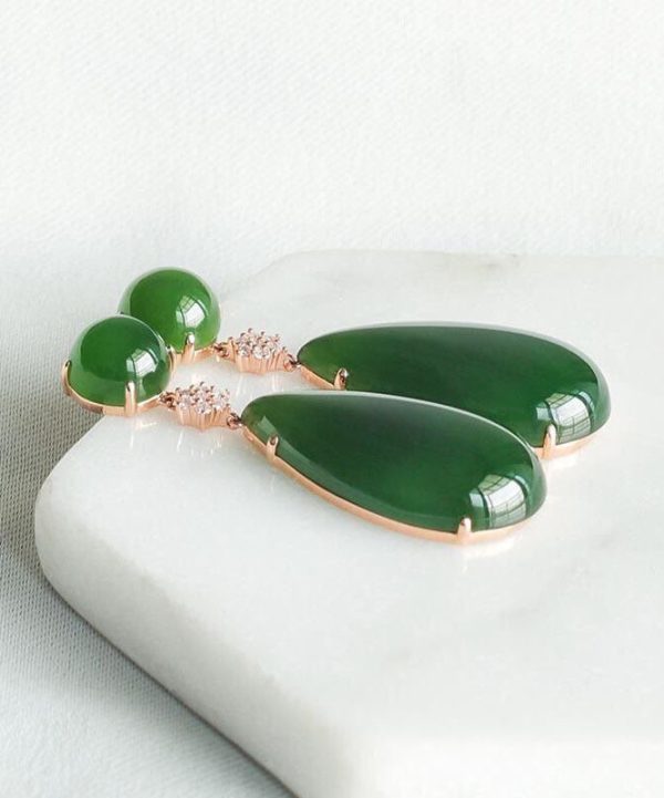 Women Spinach Green Jade Zircon Water Drop Drop Earrings - Image 4