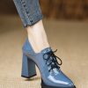 Women Splicing Cross Strap Chunky Blue Soft Cowhide Leather