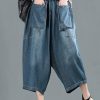 Women Spring Casual Big Pockets Solid Loose Jeans