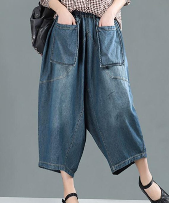 Women Spring Casual Big Pockets Solid Loose Jeans