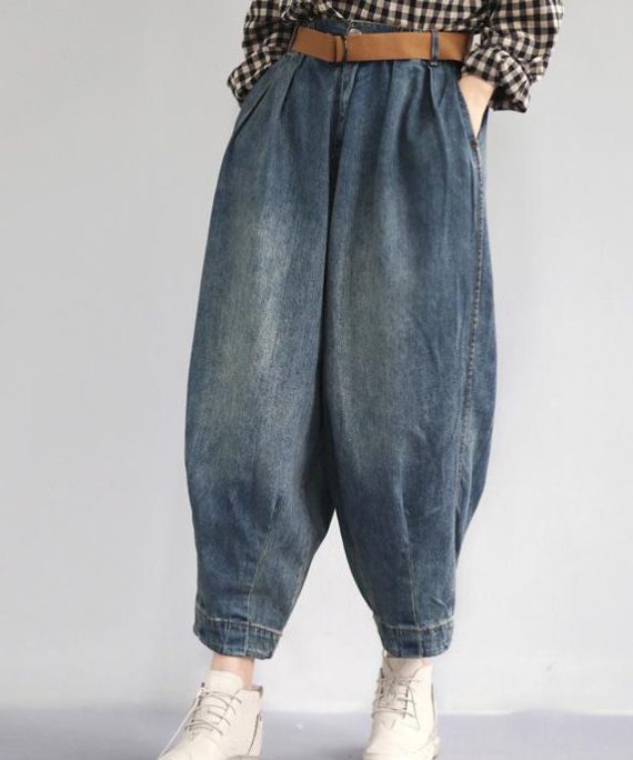 Women Spring Vintage Solid Loose Turnip Pants Jeans