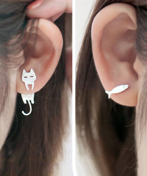 Women Stylish Cat and Fish Asymmetrical Design Metal Stud Earrings - Image 3