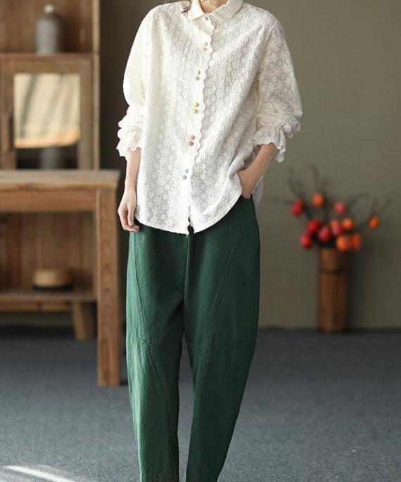 Women White Embroidery shirts Lapel white button loose Spring blouse
