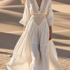 Women White Hollow Out Exra Large Hem Cotton Maxi Dress Spring