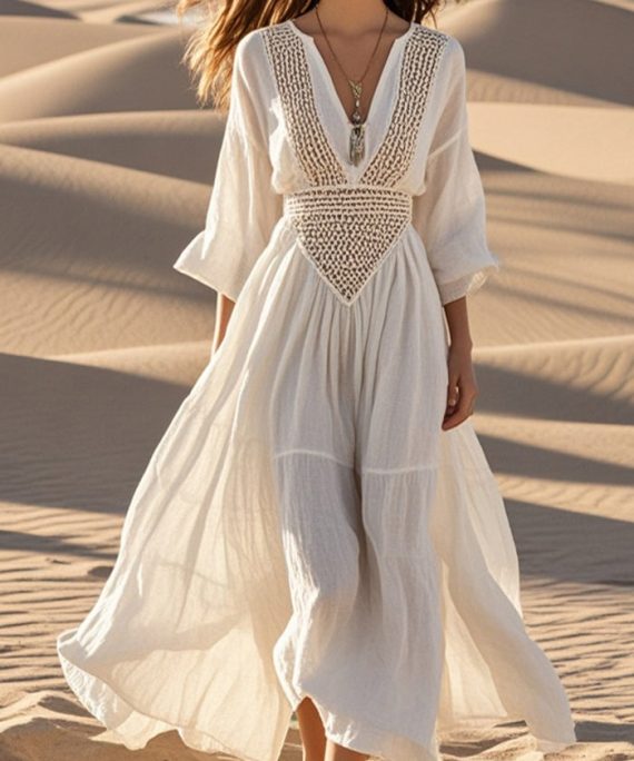 Women White Hollow Out Exra Large Hem Cotton Maxi Dress Spring