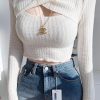 Women White Hollow Out Solid Cotton Knit Short Sweater Summer